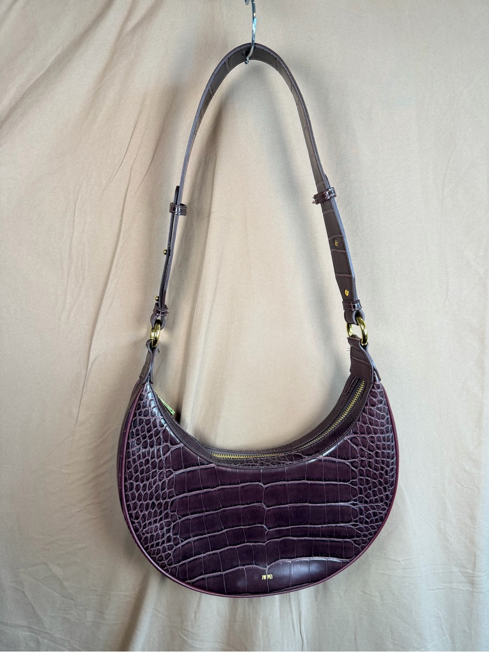 JW PEI Ellie Crescent Shoulder Bag Burgundy Croc Gold Ring Vegan Leather Y2K